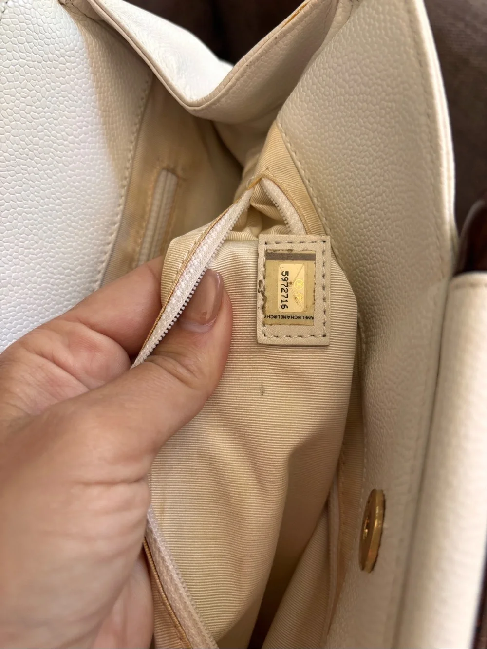 Authentic CHANEL white caviar leather wooden handles satchel bag